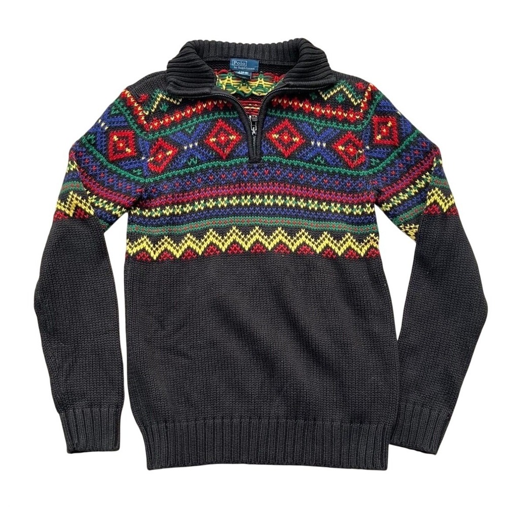 Polo Ralph Lauren Fair Isle Quarter Zip Sweater Sz L 14-16 Kids Women Small - Picture 1 of 5